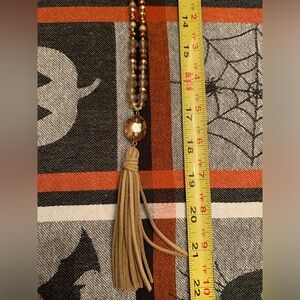 Vintage Beaded gold and brown beaded Necklace with faux tan Tassel